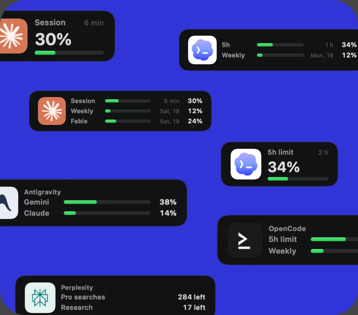 Claude, Codex, Antigravity, Perplexity, and OpenCode usage widgets in CoolDock.