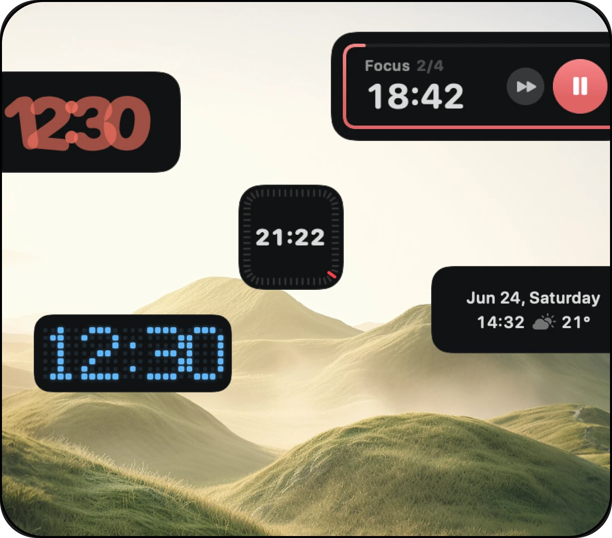 Digital, analog, flip, pixel, and world clock widgets from the CoolDock clock app for Mac