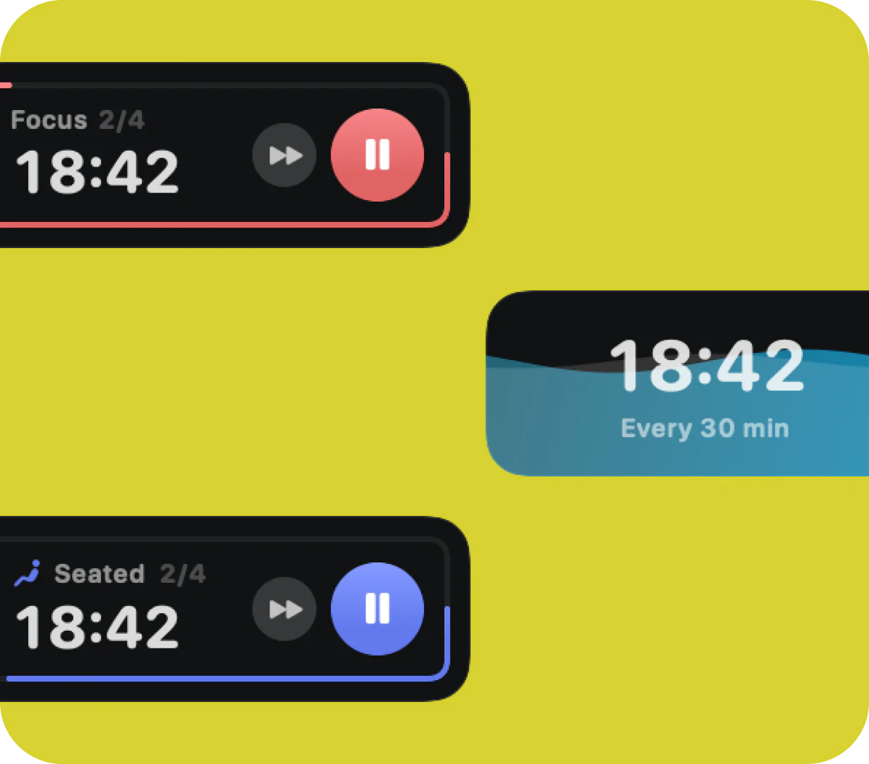Pomodoro, posture, and drink water widgets in CoolDock.