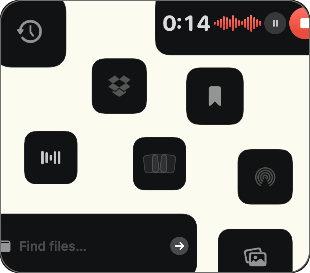Finder search, recent files, screenshots, AirDrop, Dropbox, File Shelf, bookmarks, voice memo, and app volume widgets in CoolDock.