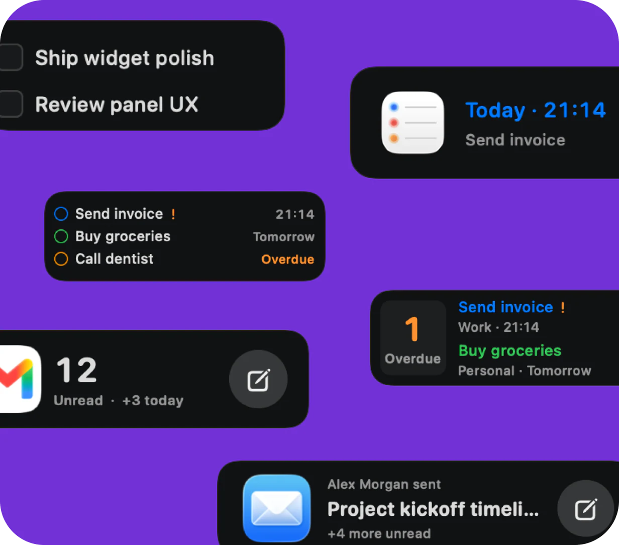 Reminder, todo, Gmail, and Mail widgets arranged in a CoolDock showcase.