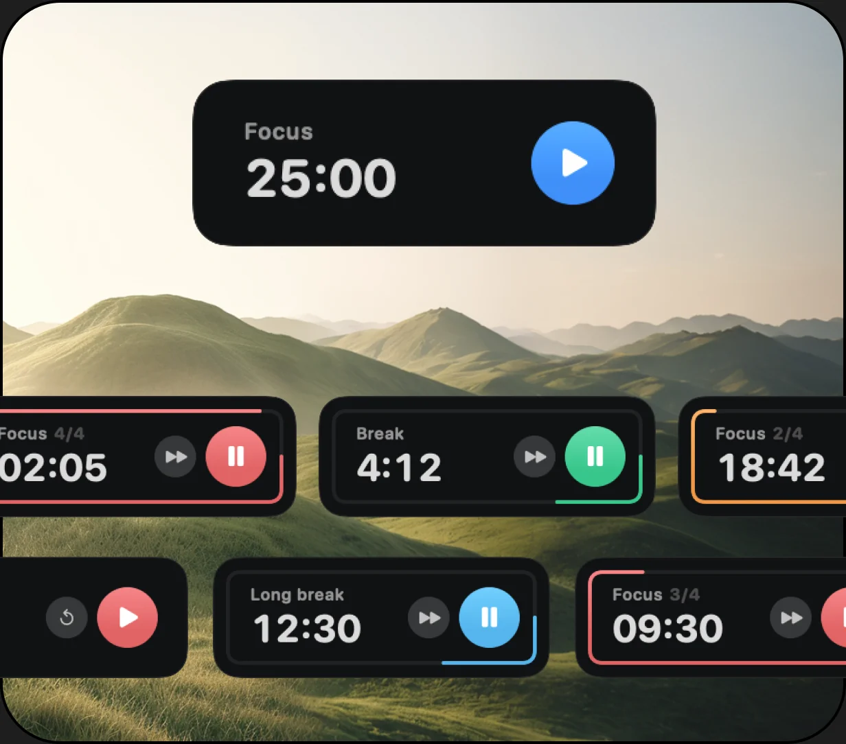 Pomodoro, posture, and drink water timer widgets from the CoolDock Pomodoro timer app for Mac
