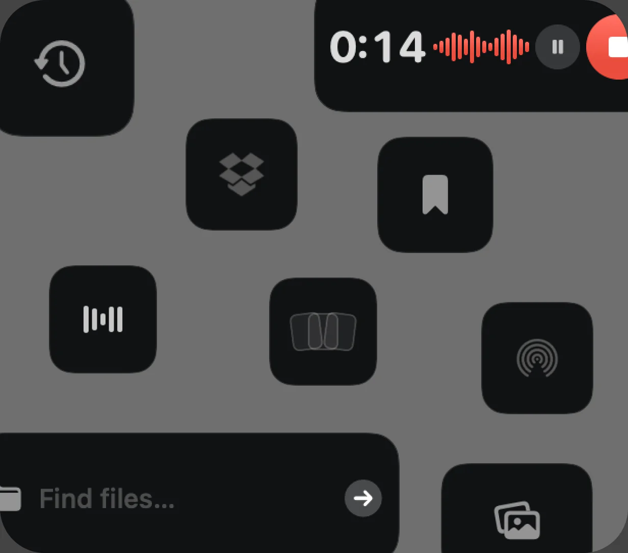 Finder search, recent files, screenshots, AirDrop, File Shelf, bookmarks, voice memo, Dropbox, and app volume widgets in CoolDock.