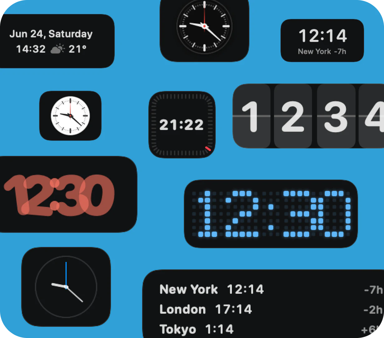 A collection of digital, analog, world time, flip, pixel, and date widgets for CoolDock.
