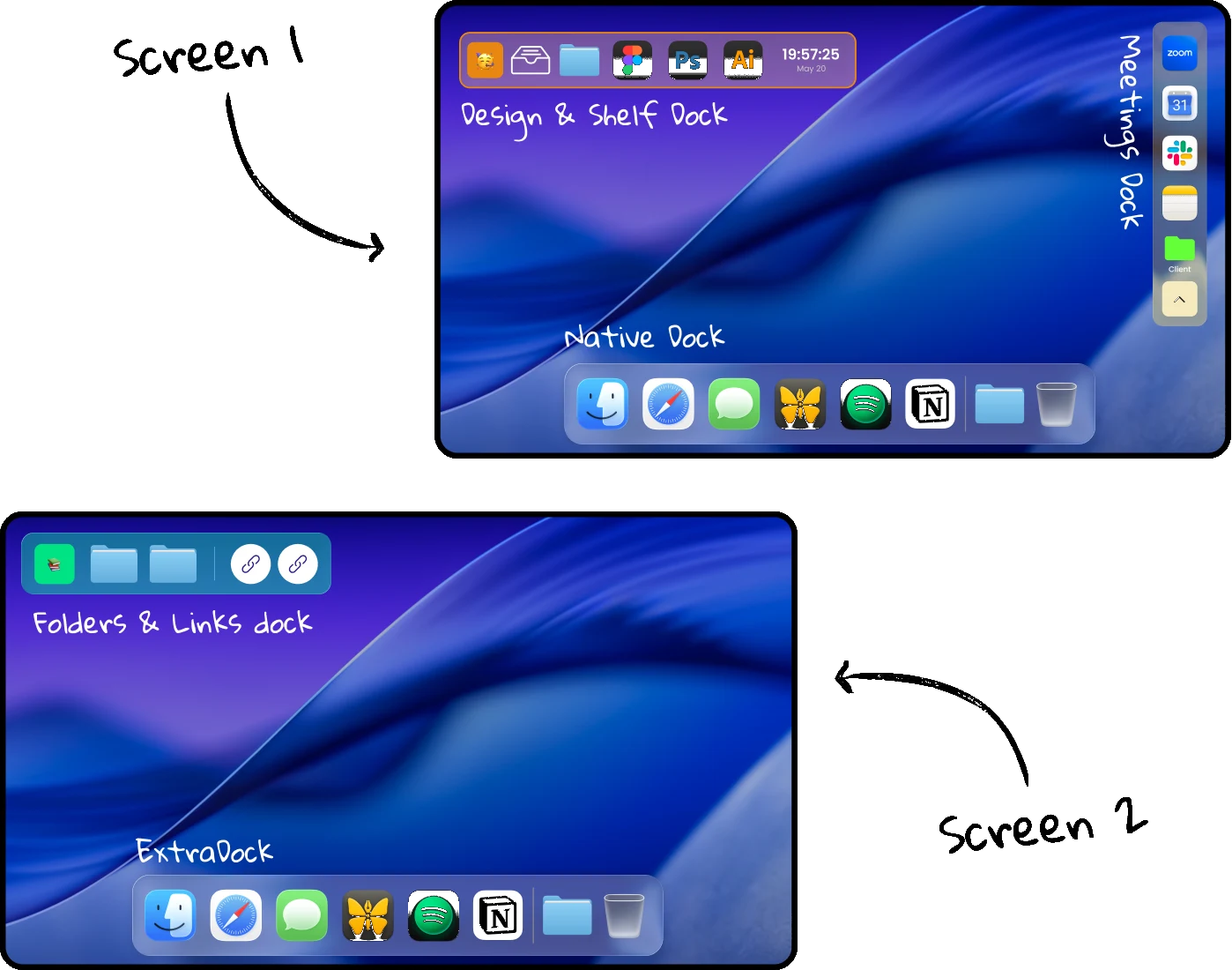 Two Mac screens: the native Dock on one, ExtraDock docks on both.