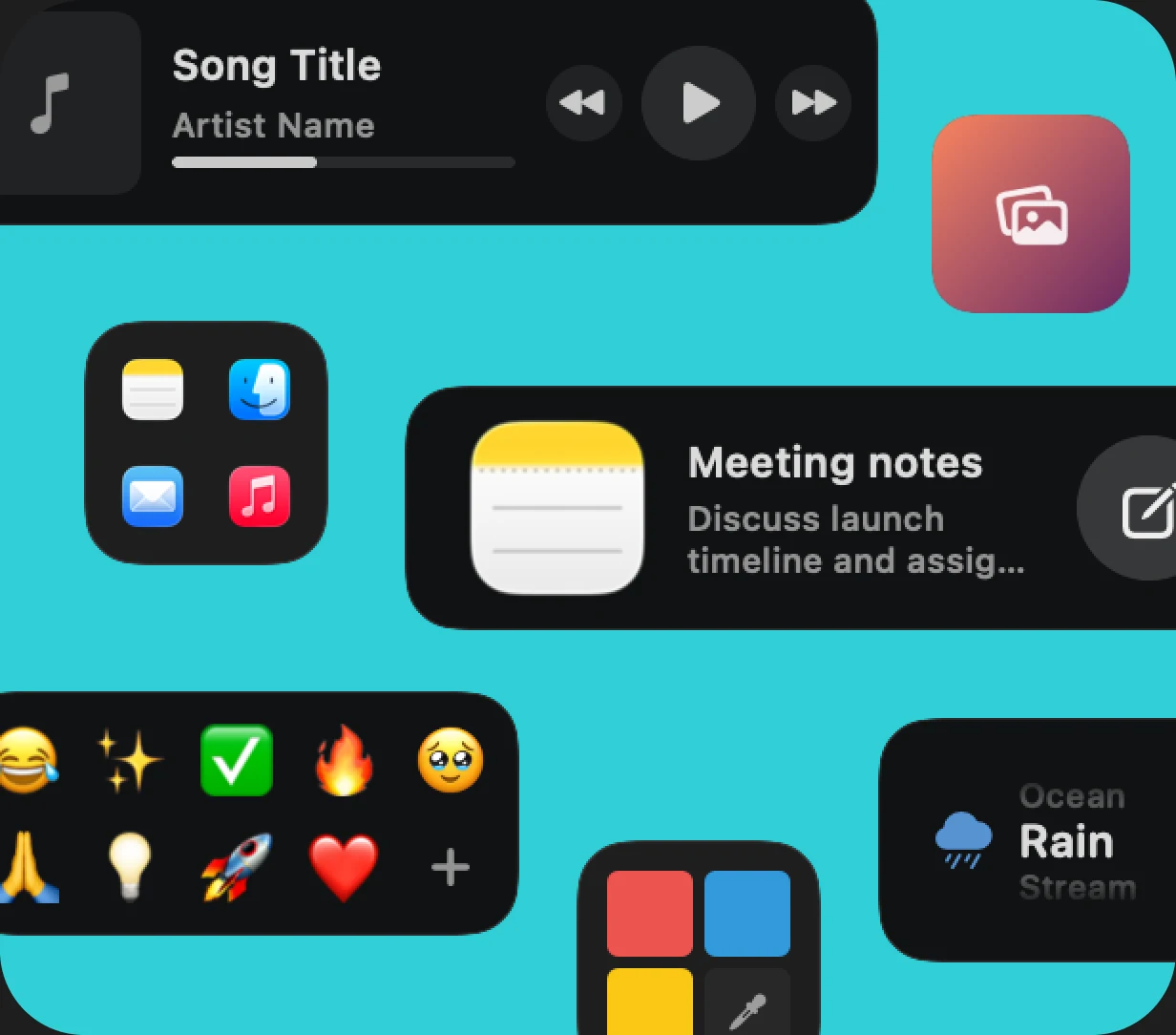 Media, applications, notes, emoji, color picker, wallpaper, and background sound widgets in CoolDock.