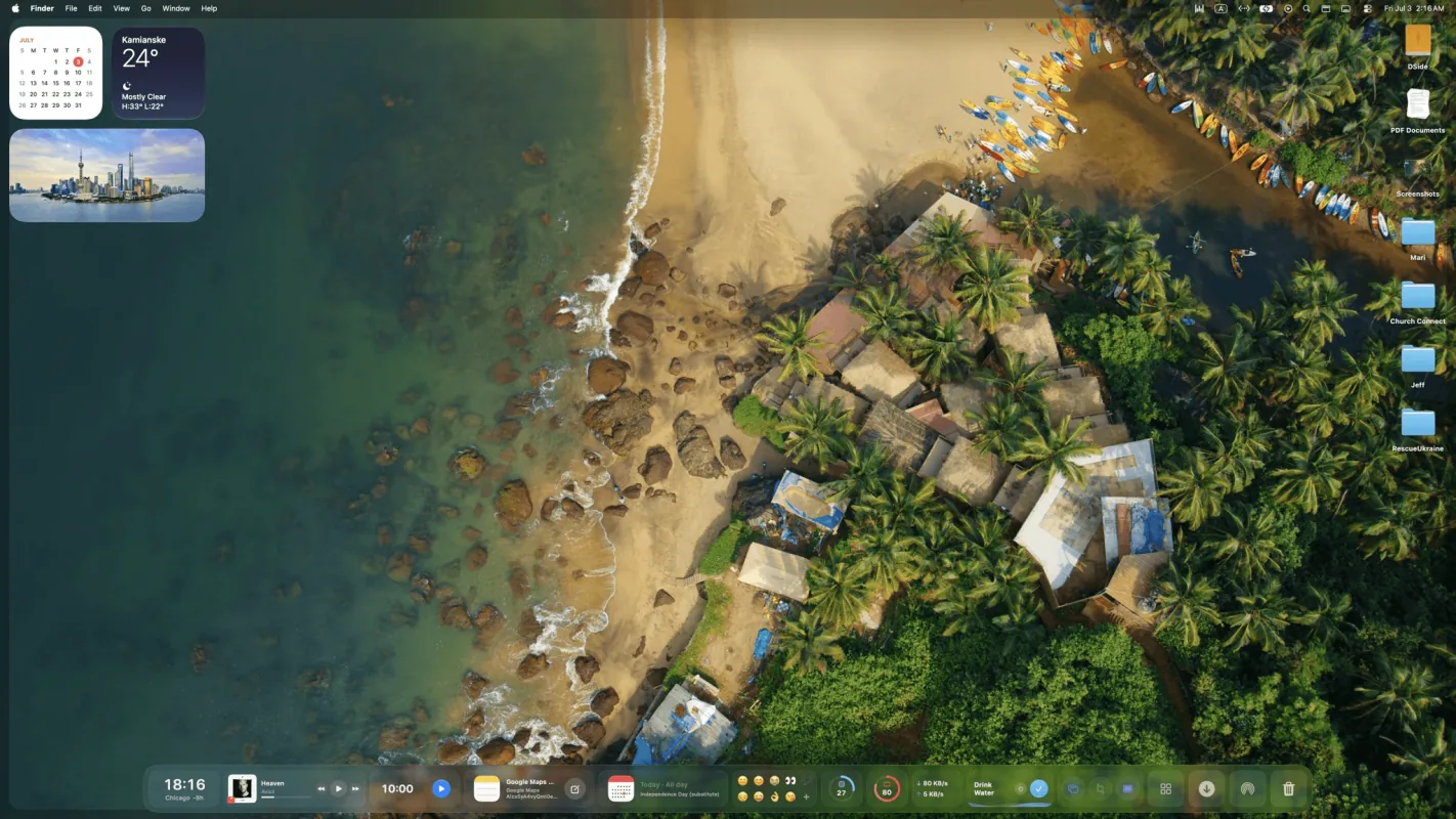 CoolDock widgets arranged beside the macOS Dock on a desktop.