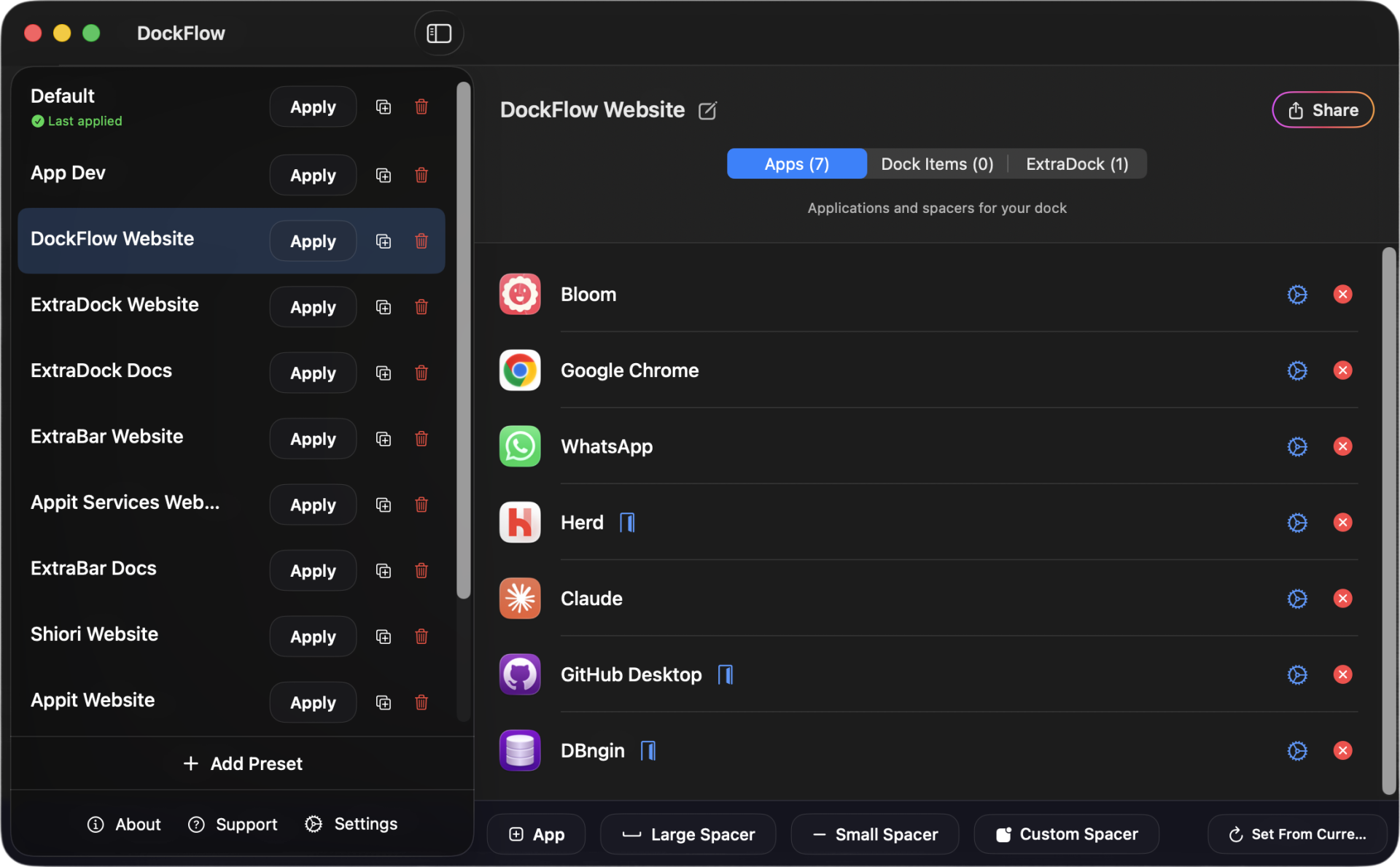 DockFlow Dock presets for different work modes