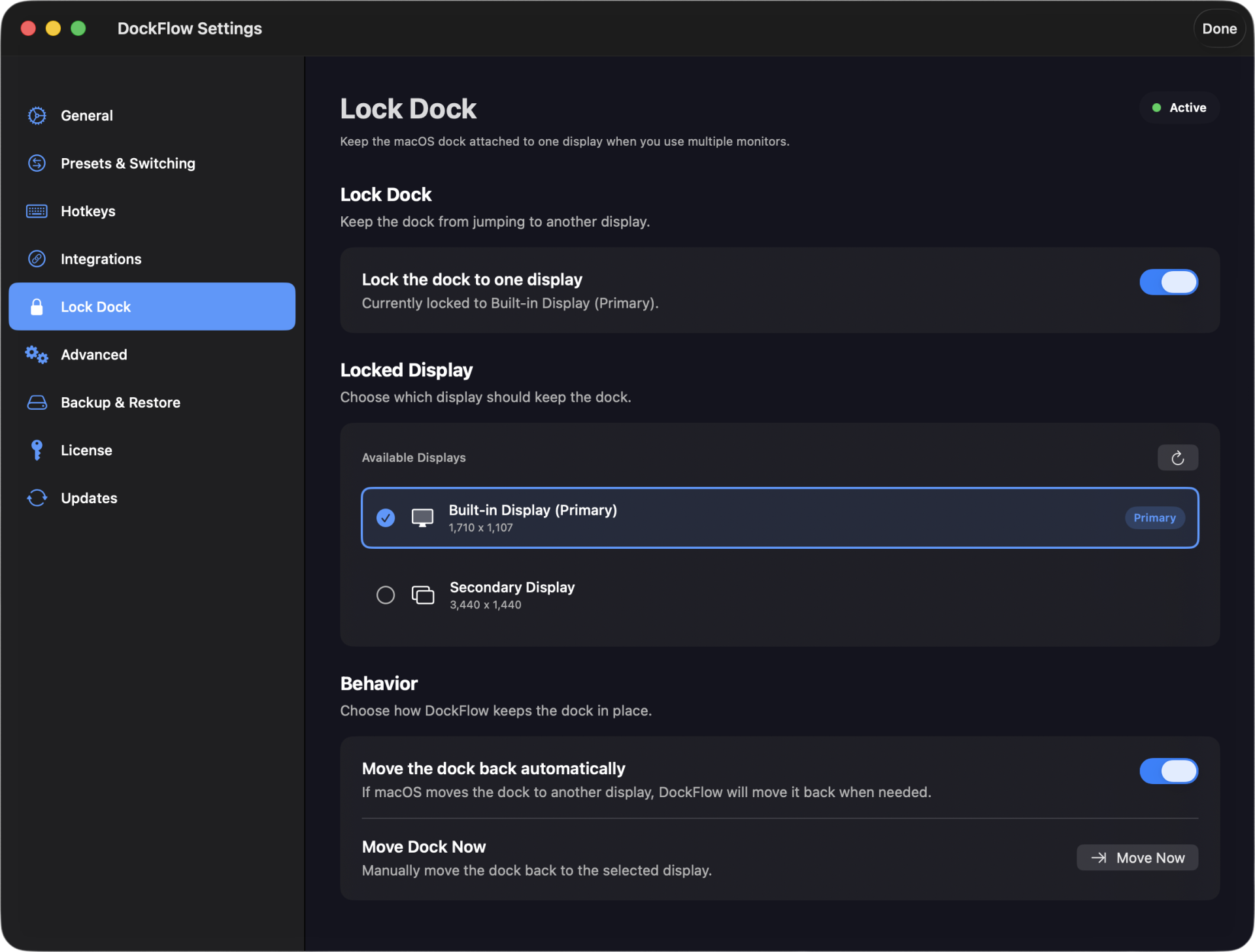 DockFlow’s Lock Dock settings on macOS