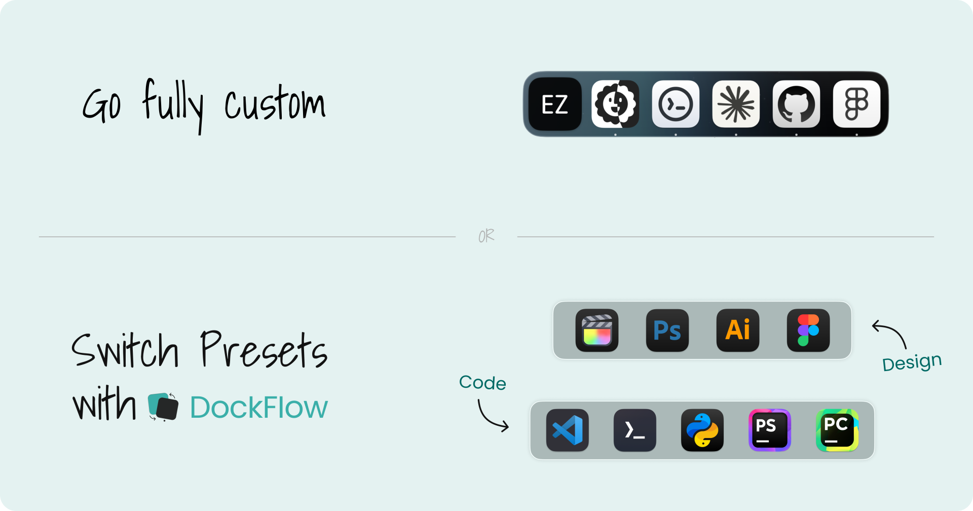A fully custom Mac Dock, or switching between coding and design presets with DockFlow