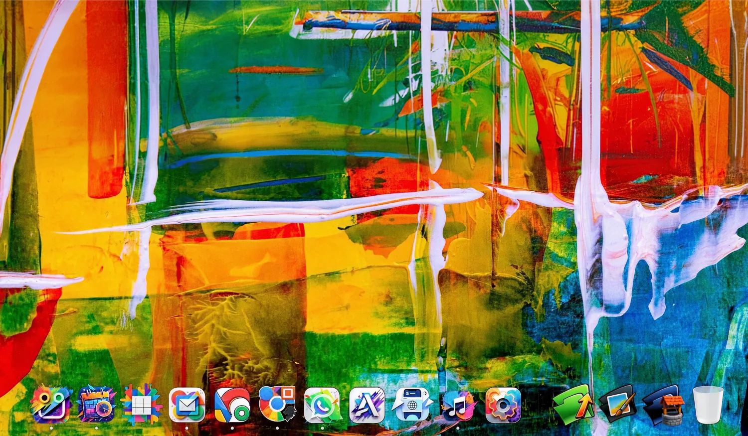 A fully transparent ExtraDock dock with custom abstract app icons over an abstract painted wallpaper