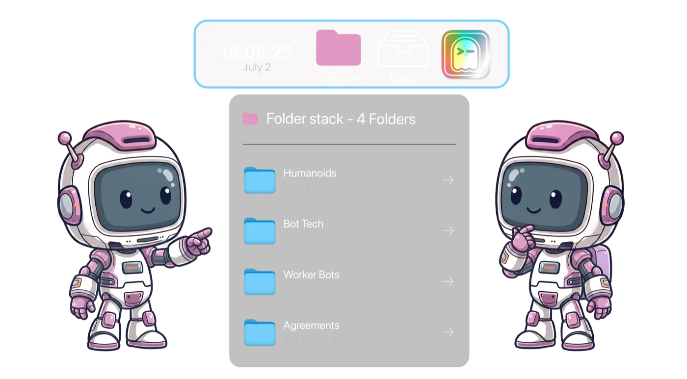 ExtraDock's ExtraBot mascot with a Folder Stack of folders behind one dock icon