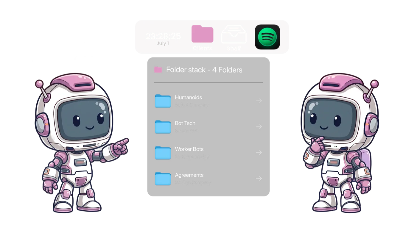 ExtraDock's ExtraBot mascot with a Folder Stack of folders behind one dock icon