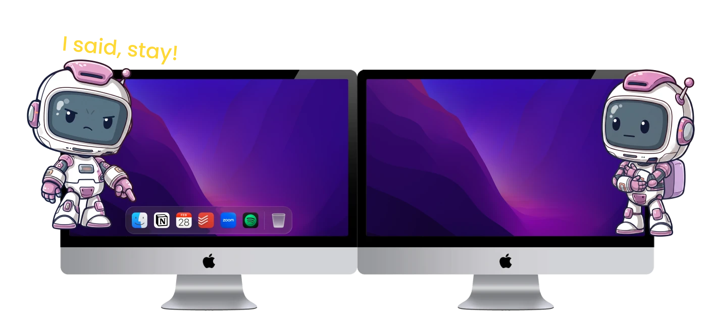 ExtraDock's ExtraBot mascot moving the Mac Dock to another screen