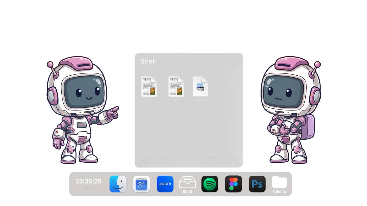 ExtraDock's ExtraBot mascot holding files on the ExtraDock shelf