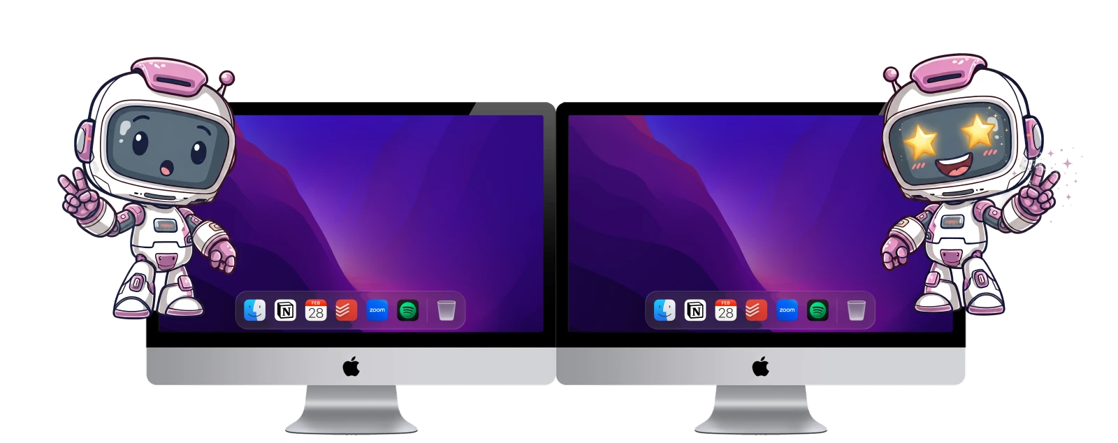 ExtraDock's ExtraBot mascot with a dock on each of two Mac screens