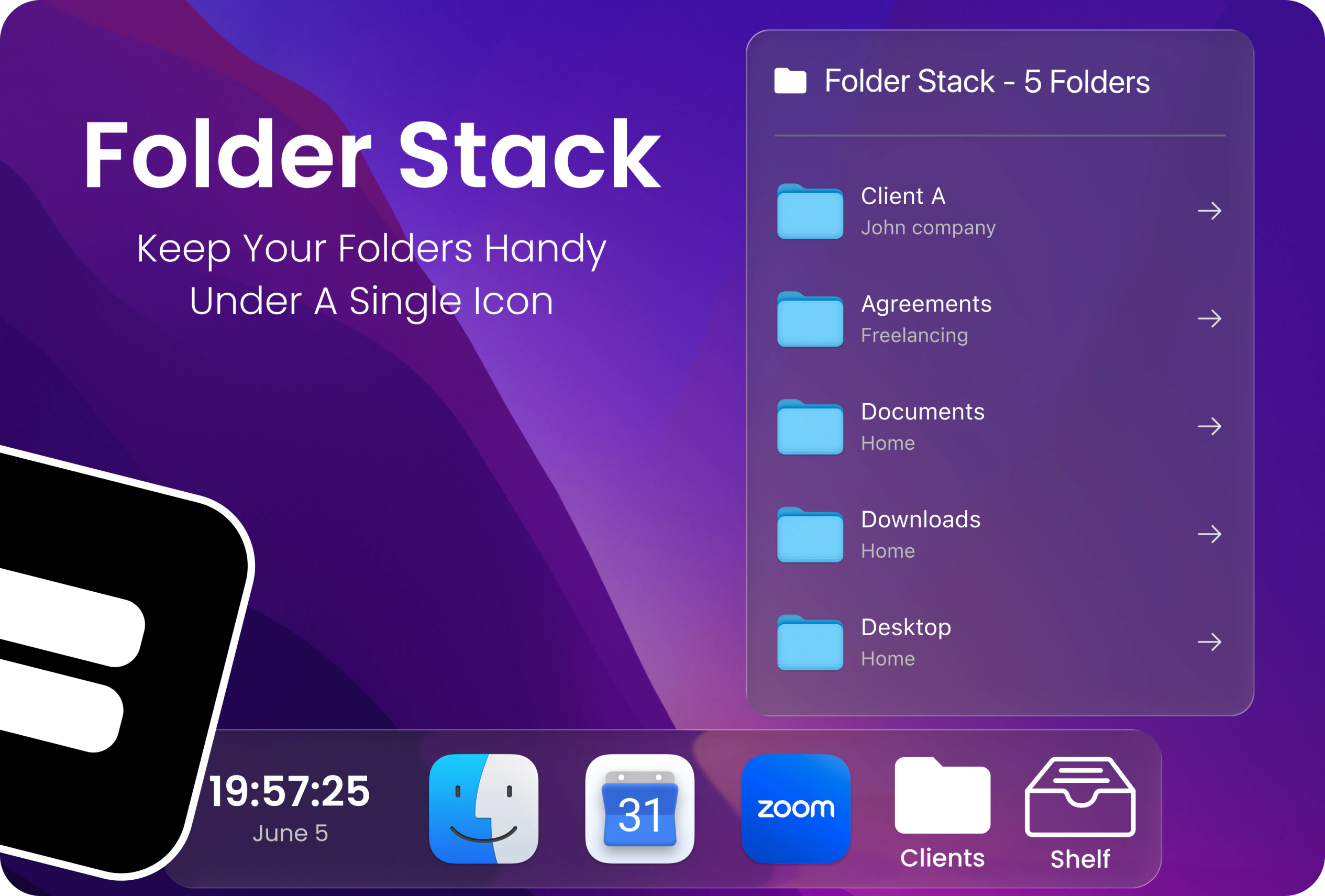 An ExtraDock Folder Stack fanning out multiple folders from one dock icon