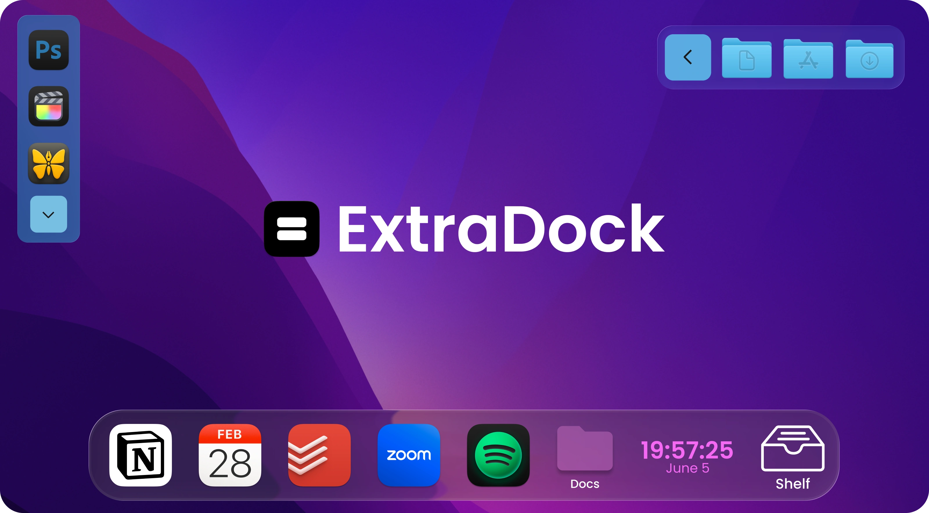 Three ExtraDock docks with native macOS styling: a vertical sidebar, a folder dock, and a bottom dock with widgets