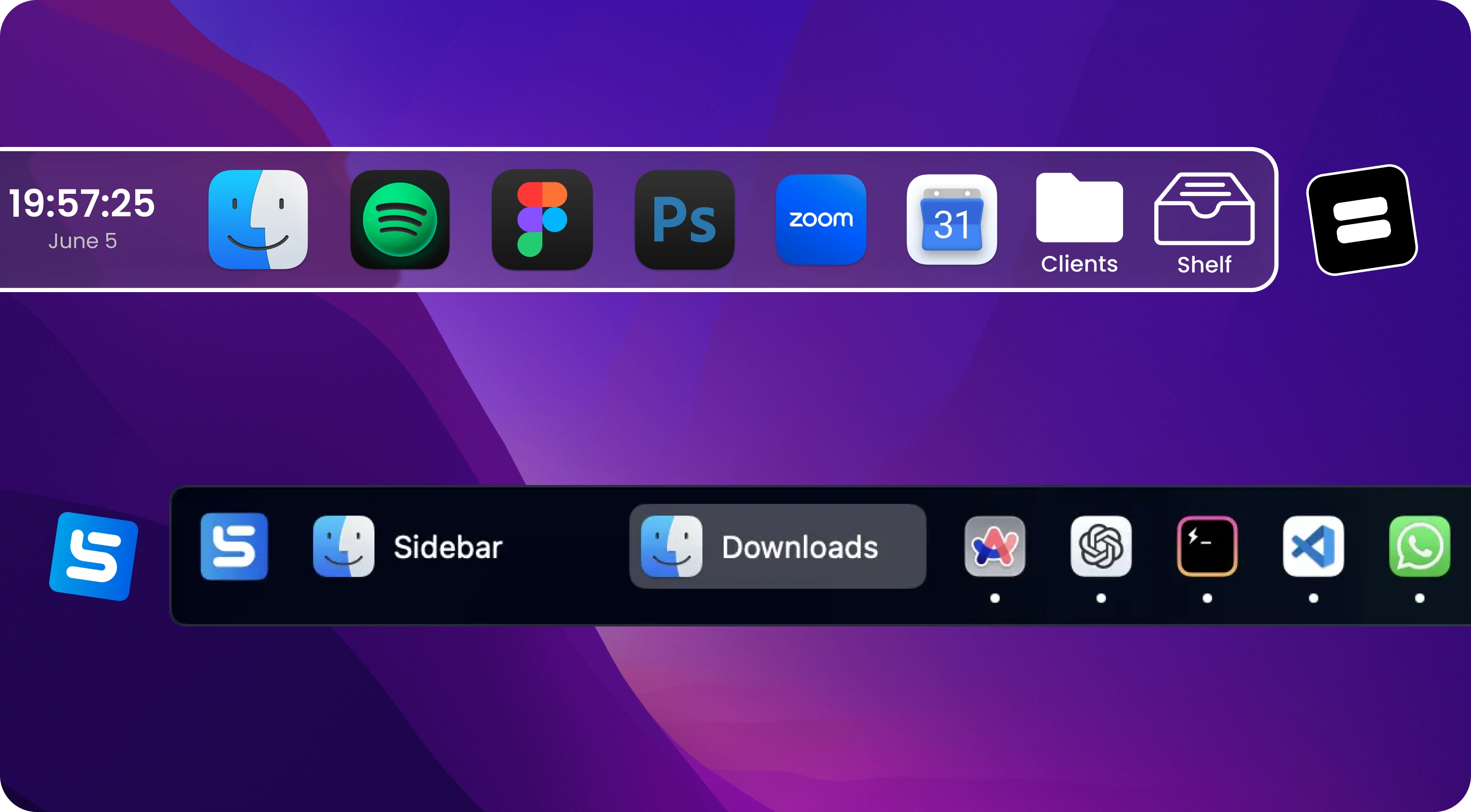 An ExtraDock dock with clock, apps, and Shelf widget above the Sidebar taskbar on macOS