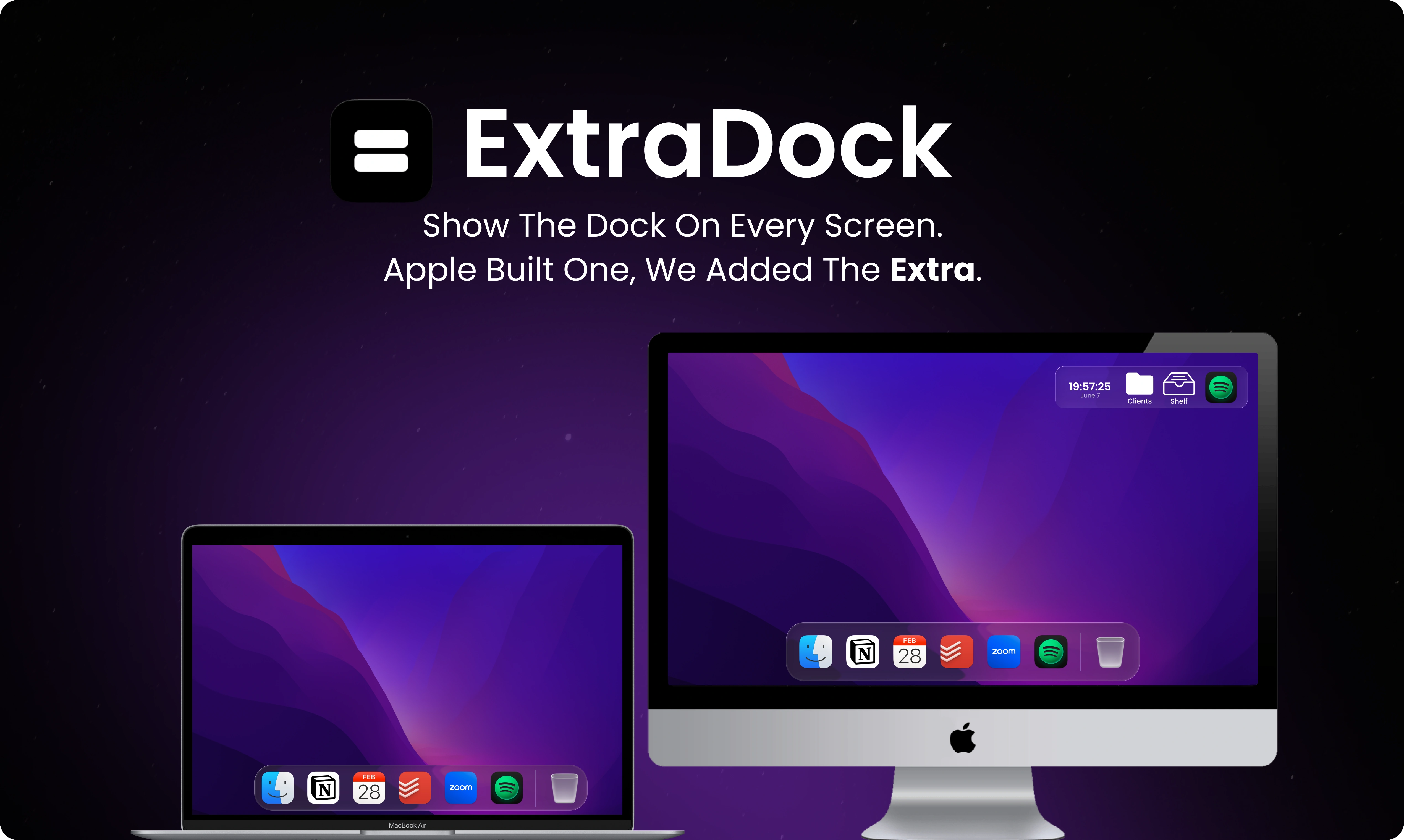 The macOS Dock shown on all screens at once using ExtraDock