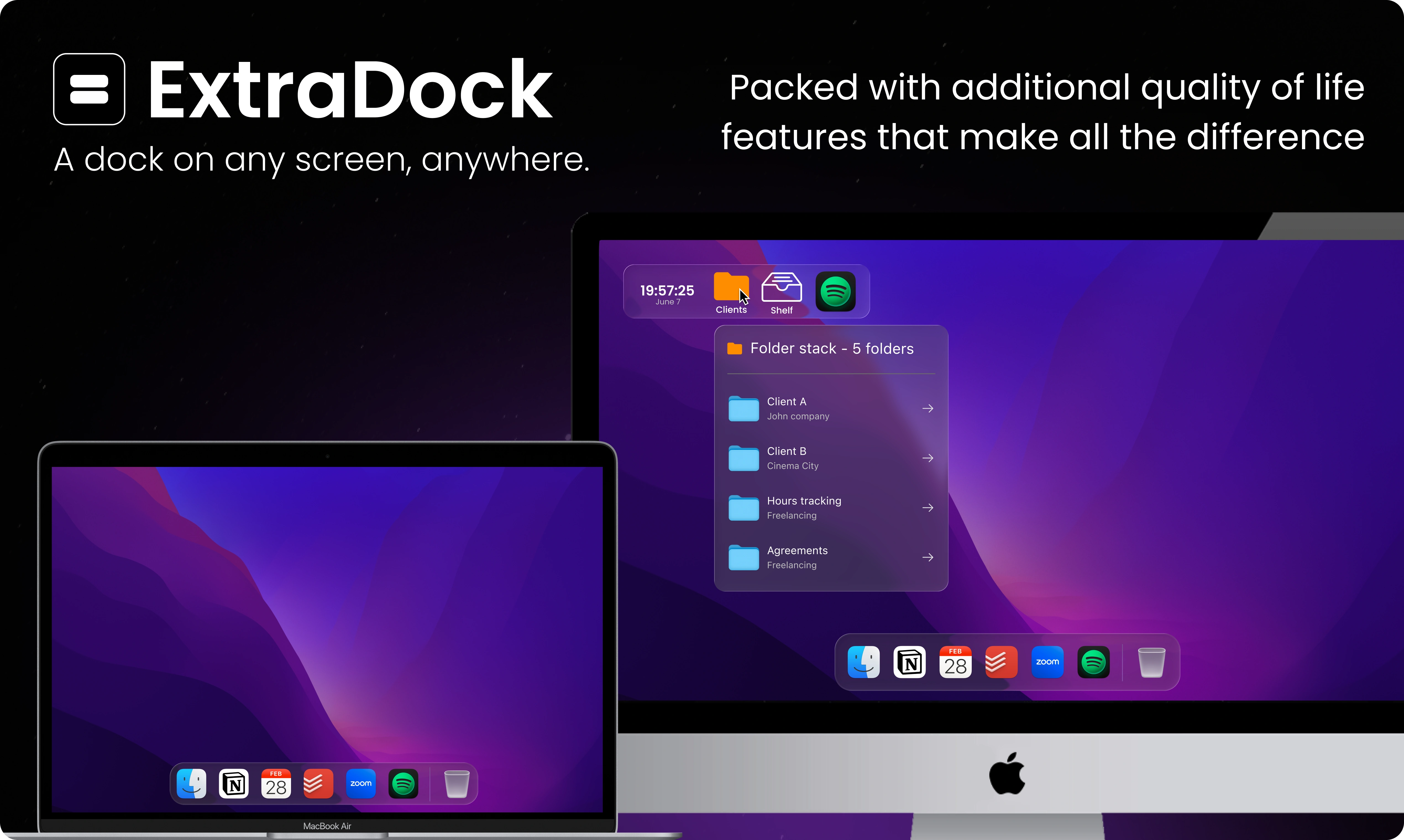 ExtraDock docks on a MacBook and an external display, one plain and one customized with a folder stack