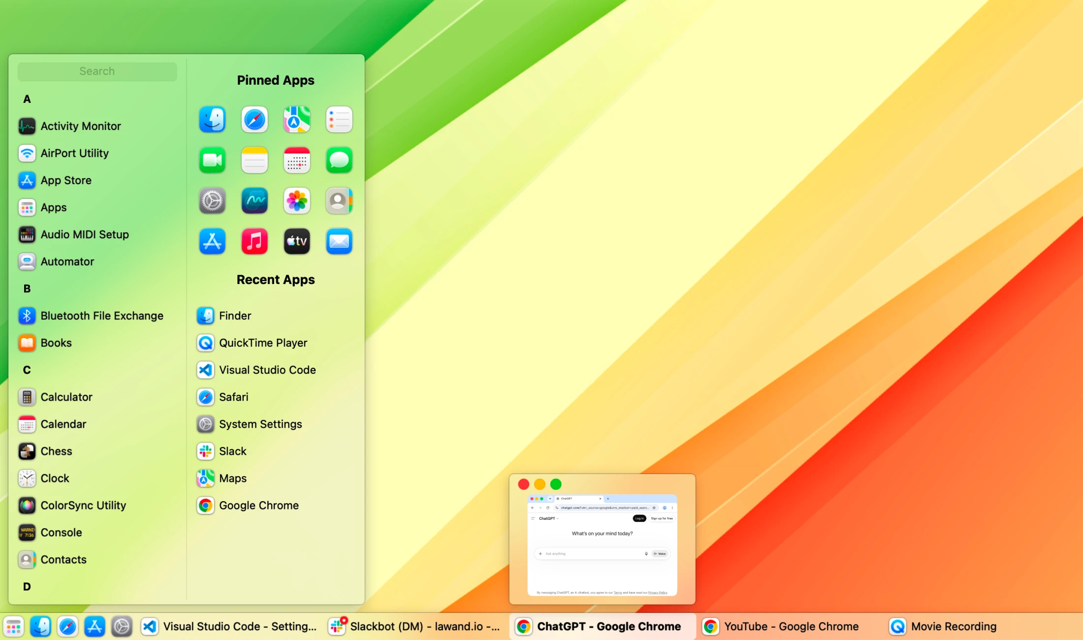 The Taskbar app on macOS showing a Windows-style taskbar and an open start menu with pinned and recent apps