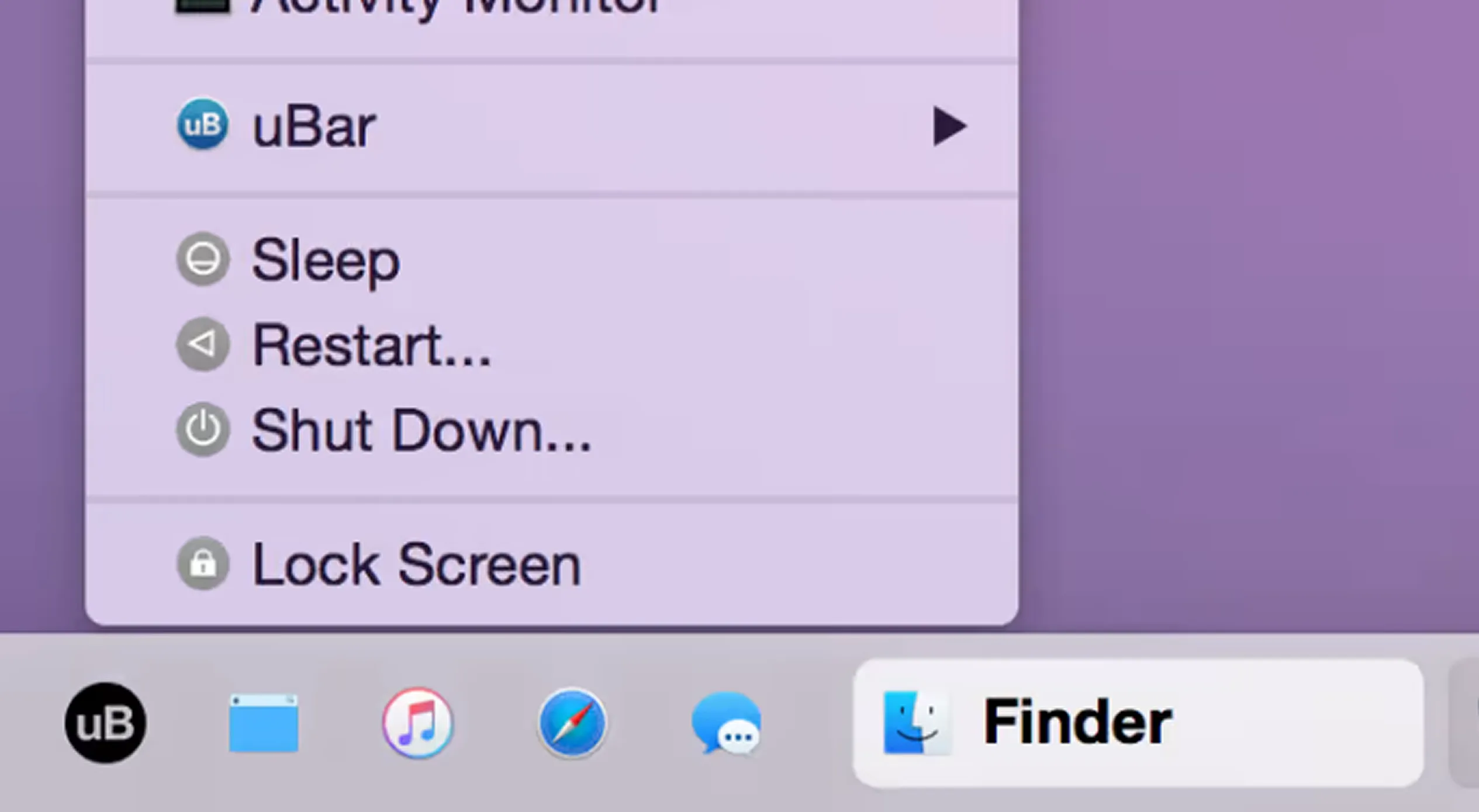 uBar running on macOS: a Windows-style taskbar of apps along the screen edge with the uBar menu open